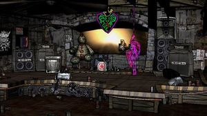 가상, 대부분 회색 콘서트 무대, 보라색 기타리스트.