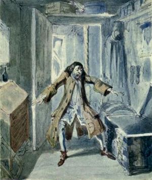 수전노가 돈을 잃은 것을 발견하는 모습, 조지 크루크생크의 1842년 삽화, 에인스워스의 수전노의 딸