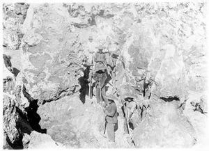 석회암 봉우리 사이에 서 있는 나우루의 중국인 인광석 노동자