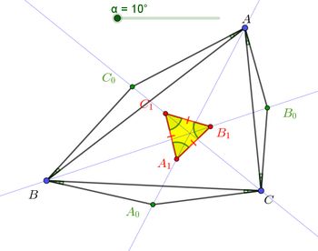 다오의 두 번째 일반화: 세 개의 닮음 이등변삼각형 BA0C, CB0A, AC0B가 모두 외부로 향하고  가  에서  까지인 시뮬레이션