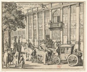 암스테르담의 포르투갈 유대교 회당 외부, 약 1695년, 부유한 공동체의 사회적 상황을 보여준다. Romeyn de Hooghe 제작