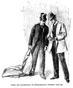 홈즈가 방문객의 파이프를 조사하는 모습, W. H. 하이드의 1893년 삽화, 하퍼스 위클리