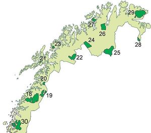 북부 노르웨이의 국립 공원. 롬스달-비스텐 국립 공원(N0.30)은 2009년 5월에 설립되었다. 뵈르게피엘 국립 공원도 부분적으로 트뢰넬라그에 위치해 있다.