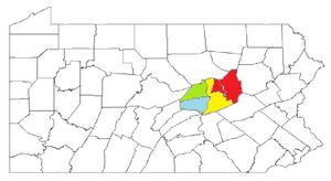블룸스버그-버윅-선버리, PA 결합 통계 구역(CSA) 지도. 붉은색은 블룸스버그-버윅 대도시 통계 구역(MSA), 노란색은 선버리, PA 소도시 통계 구역(μSA), 녹색은 루이스버그, PA 소도시 통계 구역(μSA, 유니언군 해당), 하늘색은 셀린스그로브, PA 소도시 통계 구역(μSA)을 나타낸다.