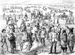 1874년 앙리 쥘리앙의 그림, 기마 경찰이 포트 더퍼린을 떠날 준비를 하고 있다.