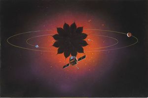 우주 망원경 앞에 가려막이가 있는 모습과 궤도를 도는 외계 행성을 예술적으로 묘사한 모습(축척은 아님)