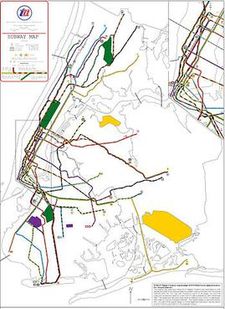 Reka Komoli가 2015년에 제작한 지하철 노선도. 1964년 NYCTA 지하철 노선도 공모전을 위해 Raleigh D'Adamo가 손으로 그린 지도를 재구성했다.