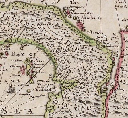 "아메리카의 다리엔 지협 지도, 파나마 만, 발로나 만 또는 세인트 마이클 만, 섬과 인접 국가". 에딘버러, 1699년