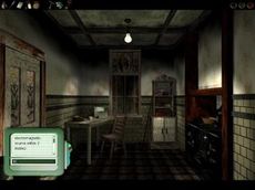 플레이어가 '다크 폴'에서 유령 사냥 장치를 사용하고 있는 모습. 이 이미지는 게임의 단순한 HUD를 보여준다. 플레이어가 획득한 아이템은 화면 상단의 "활동 바"에 표시되며, 커서는 오른쪽 아래에 중립 형태로 나타나 있다.