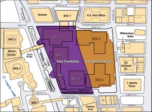 오스틴 J. 토빈 플라자와 두 개의 타워 아래에 깊고 얕은 기초로 구성된 깊은 지하 구조