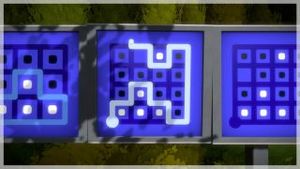 더 위트니스의 퍼즐 예시. 플레이어는 미로를 통과하는 단일 경로를 그리면서 흰색 점과 검은색 점이 있는 필드를 분리해야 한다. 이 퍼즐은 해당 규칙을 가르치는 퍼즐 중 하나이다.