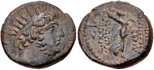 복사관을 쓴 데메트리우스 3세의 모습이 새겨진 주화.