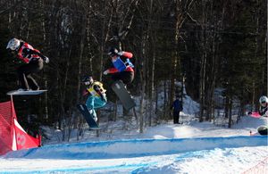 도미니크 말테(왼쪽 빨간색 턱받이)가 2010년 1월 스톤햄에서 열린 2009-10 FIS 월드컵 경기에서 점프를 앞서고 있다.