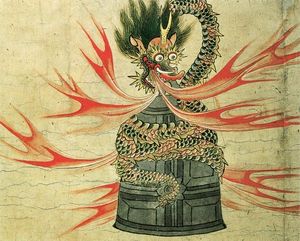 토사 미쓰시게(土佐光重)가 그린 것으로 전해지는 도조지연기 에마키(道成寺縁起絵巻). 뱀의 모습이 된 기요히메가 종 속의 안친을 태워 죽이는 장면이다.