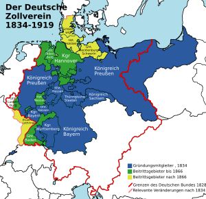 독일 관세 동맹. 파란색: 창립 당시. 녹색/노란색: 1866년까지/이후 확장