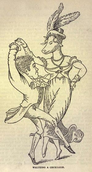 짧고 우아하게 옷을 입은 남자가 돼지 머리를 한 키가 훨씬 큰 여자와 춤을 춥니다.