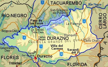두라스노주의 주요 정착지와 도로를 표시한 두라스노주 지형도