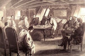 1863년 7월 2일, 나마무기 사건 배상 협상을 위한 프랑스 군함 세미라미스호에서의 영국-프랑스 회의. 앞: 프랑스 통역 브레크만, 막부 통역. 이쪽 방향 (왼쪽부터): 3명의 가나가와 봉행, 프랑스 공사 귀스타브 뒤센 드 벨쿠르, 와카도시요리 사카이 타다아키라, 영국 해군 쿠퍼 제독, 프랑스 해군 조레스 제독, 영국 대리 공사 존 닐.