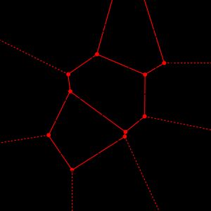 외접원의 중심을 연결하면 보로노이 다이어그램 (빨간색)이 생성된다.