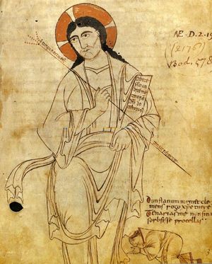 성 던스턴, 당시 글래스턴베리 수도원의 예술가-수도원장은 거대한 그리스도 앞에 엎드린다. "자비로운 그리스도여, 던스턴을 보호하시고, 저를 지하 세계의 폭풍이 삼키지 못하게 해주시기를 간청합니다."라고 새겨져 있다. 그는 나중에 캔터베리 대주교가 되었다. 950년경 (하단 잘림).