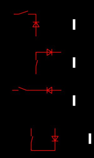 비절연 스위칭 DC-DC 컨버터 토폴로지 비교: 벅, 부스트, 벅-부스트, Ćuk. 입력은 왼쪽에 있고 부하(직사각형)가 있는 출력은 오른쪽에 있다. 스위치는 일반적으로 MOSFET, IGBT, 또는 BJT이다.