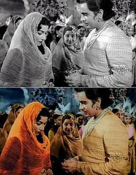 흑백 영화 장면과 동일 장면의 컬러화 버전 비교