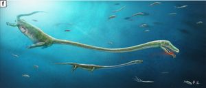 LPV 30280의 생체 복원도, 페를레이드목 어류를 먹고 있으며 배아를 품고 있다.