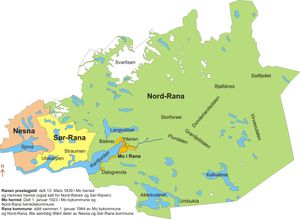 1964년에 노르-라나(녹색), 소르-라나(노란색) 전체와 네스나 (살색)의 일부가 합병되어 라나 자치체가 탄생했다.