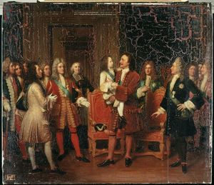 러시아 차르 표트르 1세가 1717년 젊은 프랑스 국왕 루이 15세를 방문하고 있다.