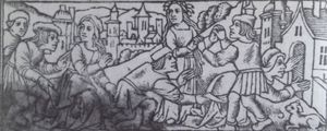 Heures a lusaige de Paris}} (1497)에 묘사된 아치 게임의 세부 사항. 19세기 후반부터 이 동요와 관련이 있는 것으로 알려졌다.