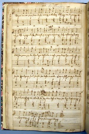 "Deare doe not your faire beuty wronge" by Johnson as it appears in the manuscript Drexel 4175--the only song in the collection with authorial attribution (at bottom right)