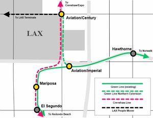 북부 연장선 계획이 포함된 LAX 지도