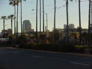 메트로 A선 열차가 다운타운 롱비치에서 "X"교차로를 건너는 모습. A선은 남쪽 종점 부근 루프 구간에서 단선으로 운행한다.