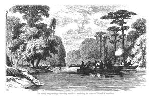 1713년경 노스캐롤라이나 해안의 초기 정착민을 묘사한 목판화.