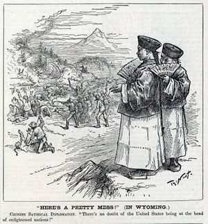 토머스 너스트의 1885년 사설 만화는 고야의 1808년 5월 3일의 세부 사항을 록스프링스 폭동에 적용합니다. 만화의 캡션은 미카도를 인용합니다.