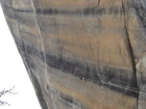 론 카우크가 톱 로핑으로 메들리콧 돔, 우측면에서 바차-예리안 루트(5.11c)를 등반하는 모습. 투얼러미 메도우스.