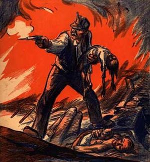 월간지 The Masses의 1914년 6월 표지. 존 프렌치 슬론 작. 맥스 이스트먼의 기사 "콜로라도의 계급전쟁" 삽화.