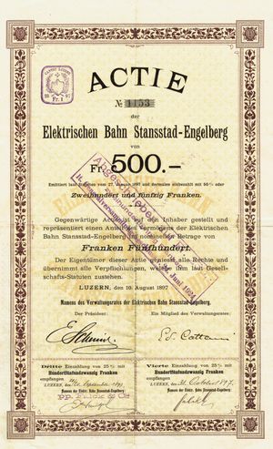 1897년 8월 10일 발행된 슈탄스슈타트-엥겔베르크 전기 철도 주식