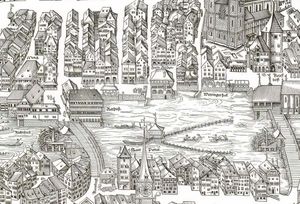 1576년 뮤러플랜에 나타난 뤼덴 하우스(오른쪽)와 하우에 길드하우스(왼쪽)