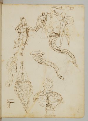 Ed. rare 120, f. 45r: 바르톨로메오 암마나티의 스케치북 (코시모 1세 데' 메디치 흉상 스케치).