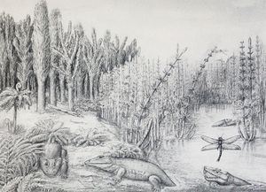 새뮤얼 웬들 윌리스턴의 1914년 복원도 (오른쪽 아래). 림노스켈리스를 수생 동물로 묘사했다.