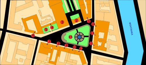 상트페테르부르크의 마네슈 광장 산책 지도: ③은 동계 체육관, ⑦~⑪은 이탈리얀스카야 거리, ⑫~⑭는 카라반나야 거리. 오른쪽 강은 폰탄카 강이며, 조금 상류(아래쪽)에 네프스키 대로가 통과하는 아니치코프 다리가 있다.