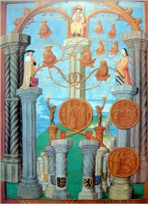 클라라 키서의 《카를 5세의 신격화》: 카를 5세와 그의 가계도, 그의 두 아버지 쪽 조상이 헤라클레스의 기둥 위에 서 있다. 필리프 1세로 이어지는 가지는 어머니 쪽에서도 온다.