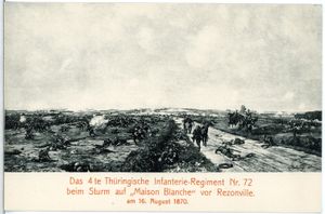 1870년 8월 16일 레존빌 전방의 메종 블랑슈를 공격하는 제72 투링겐 보병 연대 제4 연대.