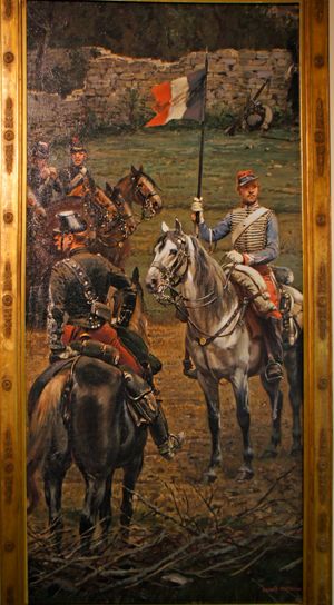 오른쪽은 프랑스 제1 척탄 기병대 하사관으로, 원수 프랑수아 세르탱 캉로베르의 기를 들고 있다. 왼쪽은 제6 군단의 참모 호위를 지휘하는 제6 샤쇠르 아 슈발 대위. 레존빌 전투의 에두아르 드타유 파노라마 조각.