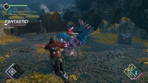 세크나프 나인 행성에서 괴물과 전투 중인 스타로드