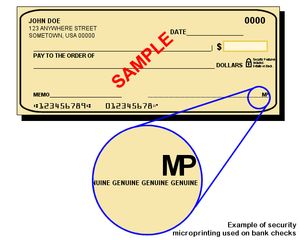 개인 수표에 일반적으로 사용되는 MP 마이크로프린트