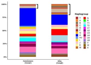 마르 등, 2021년, "고대 헝가리 인구의 주요 Hg 분포 비교... 괄호는 동 유라시아 Hg를 나타냄"