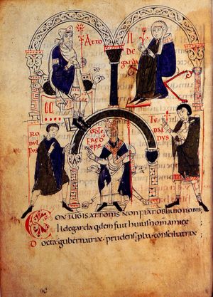 아달베르토-아토 디 카노사(Adalbert-Atto of Canossa)와 그의 아내 힐데가르트(Hildegard)는 세 아들 루돌프(Rudolph), 제프리(Gotofred)와 마틸데의 할아버지 테달드(Tedald) 위로 아치로 둘러싸여 있다. - 도니초의 마틸데의 삶(Vita Mathildis) (바티칸 도서관, Codex Vat. Lat. 4922, fol. 20v)