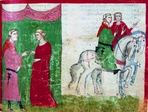 마틸데가 벨프 5세와 결혼하다 (좌), (우) 그녀와 새 남편이 그녀의 재산을 보러 가는 모습. 조반니 빌라니의 누오바 크로니카 필사본에 실린 14세기 삽화. 바티칸 도서관, Chigi LVIII 296, fol. 56r